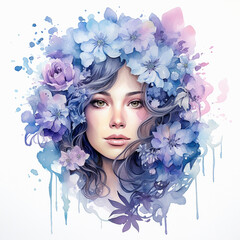 Beautiful young woman with blue hydrangea flowers in her hair. Watercolor drawing
