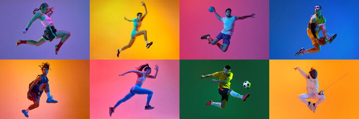 Collage. Athlete of MMA, fencing, runner, volleyball, basketball, football, tennis players against multicolored background. Concept of professional sport, game, competition. Ad. Banner and poster