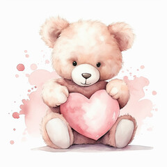 Cute teddy bear with heart. Watercolor hand drawn illustration