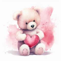 Cute teddy bear with heart, watercolor vector illustration.