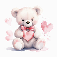 Teddy bear with heart. watercolor illustration on white background.