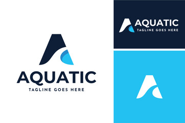 Initial Letter A Aqua with blue fresh water for swimming pool or sea ocean beach logo design
