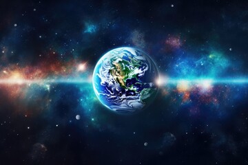Obraz premium Earth as seen from space, surrounded by stars and a nebula-filled background. It captures the beauty of Earth, the galaxy, and the sun from space, along with the serene beauty of a blue Generative AI
