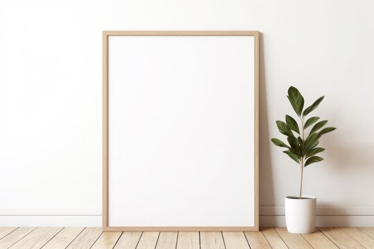 white wall with blank wooden frame and green plant mock up on wooden floor