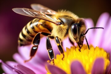 This photograph captures a close-up view of a bee on a flower. It depicts the bee collecting nectar from the flower in a beautiful natural scene.

 Generative AI