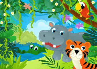 Fototapeta na wymiar cartoon scene with jungle and animals being together with tiger illustration for children