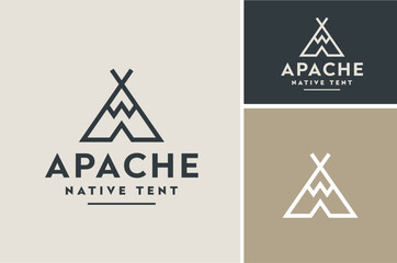 Initial Letter A Ancient Apache Tribe Indian American Native Home Tent Tee Pee logo design with simple line art style © Foonaz