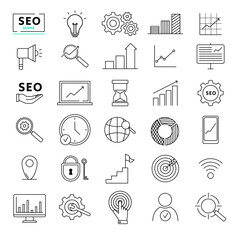 Internet and seo icons. Web Development - thin line vector icon set. SEO and promotion line icons
