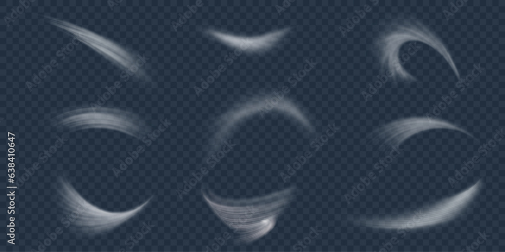 Aufkleber Set of white airflow wave effects. Design element to visualize the flow of air or water. Isolated on transparent background.