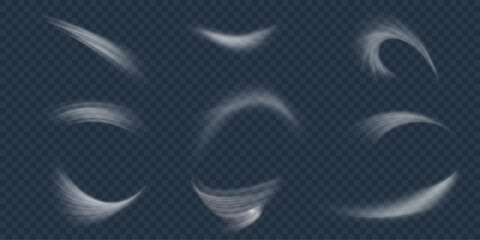Set of white airflow wave effects. Design element to visualize the flow of air or water. Isolated on transparent background. - obrazy, fototapety, plakaty