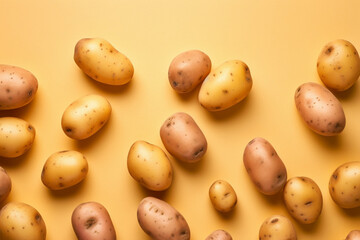 Top view of raw potatoes on yellow background - obrazy, fototapety, plakaty