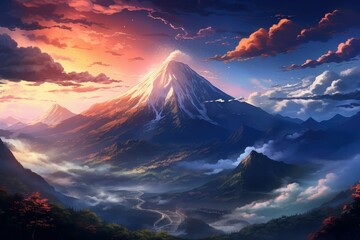 Mountains sunset anime visual novel game. Generate Ai