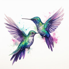 Two hummingbirds in love. watercolor painting on white background.
Hummingbird with wings and watercolor splashes, hand drawn illustration