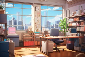 Office interior indoor anime visual novel game. Generate Ai