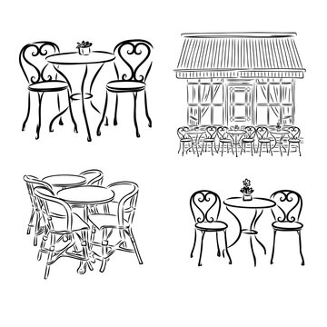 French Street Cafe, Hand drawn Vector Illustration