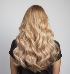 Naklejka premium Concept for stylist and hairdresser. Lovely wavy hair . Beauty and fashion . Portrait of a beautiful young brunette woman with long wavy hair . Back view.