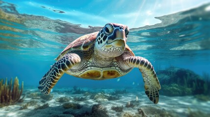 sea turtle with a group of colorful fish and colorful corals underwater in the ocean, underwater world in the ocean. Generative AI