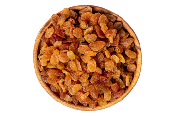 Raisins in wooden bowl. Sun-dried natural raisins isolated on white background. Top view