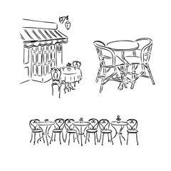 French Street Cafe, Hand drawn Vector Illustration - obrazy, fototapety, plakaty