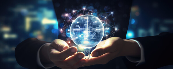 Businessman holding in his hands lightbulb on blue bokeh background , innovation concept.