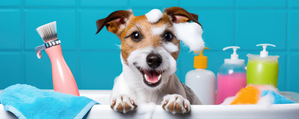 cleaning dog, wide banner - obrazy, fototapety, plakaty