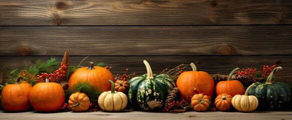 Festive autumn still life with pumpkins, red apples and leaves on dark wooden background. Top view with copy space. Concept of autumn harvest, happy Thanksgiving day or Halloween.