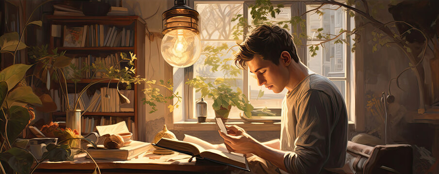 Young man reading a book in cozy room, catoon style, illustration picture.