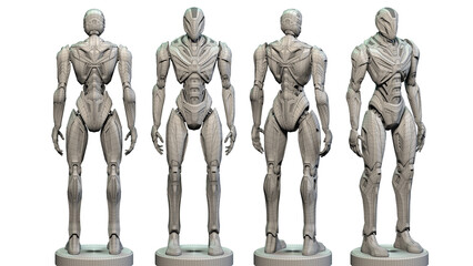 3d rendering in wireframe of detailed cyborg or futuristic alien robot. Whole body in various angles. Isolated on transparent background  