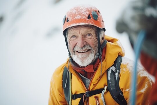 Portrait of senior man climbing on a snowy mountain in winter.