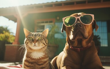 A suave cat and a goofy dog, the dog wearing sunglasses, going on a pretend "spy mission" to retrieve a missing toy, in a neighborhood backyard, Suburbs