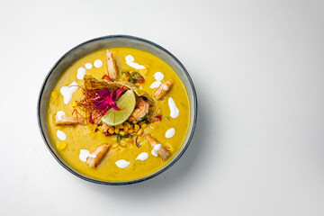 A delicious soup in a restaurant. Close-up