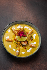A delicious soup in a restaurant. Close-up