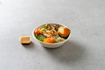 Soubled chicken breast salad, Soubled steak, smoked duck salad, pooled fork barbecue, salad, apple kale juice Korean food dish