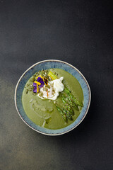 A delicious soup in a restaurant. Close-up