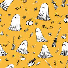 Halloween party seamless pattern. Orange endless background with pumpkins, leaves, ghosts, brooms and lettering 