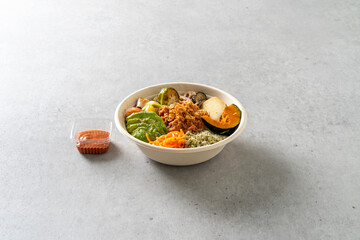 Soubled chicken breast salad, Soubled steak, smoked duck salad, pooled fork barbecue, salad, apple kale juice Korean food dish