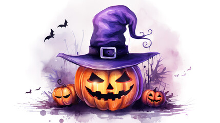 Halloween pumpkin in a hat big moon  bat background, watercolour