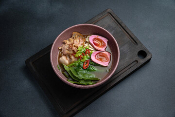 A delicious soup in a restaurant. Close-up