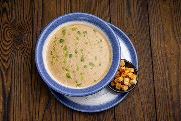 A delicious soup in a restaurant. Close-up