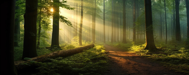 Beautiful rays of sun light in green magic forest. copy space for text.