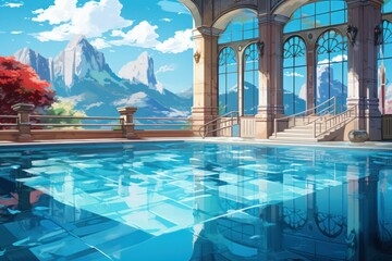 Pool mountains anime visual novel game. Generate Ai