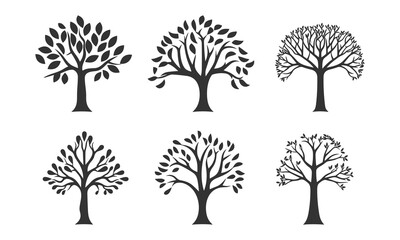 Set of 6 black tree Silhouettes. Vector illustration isolated on white background