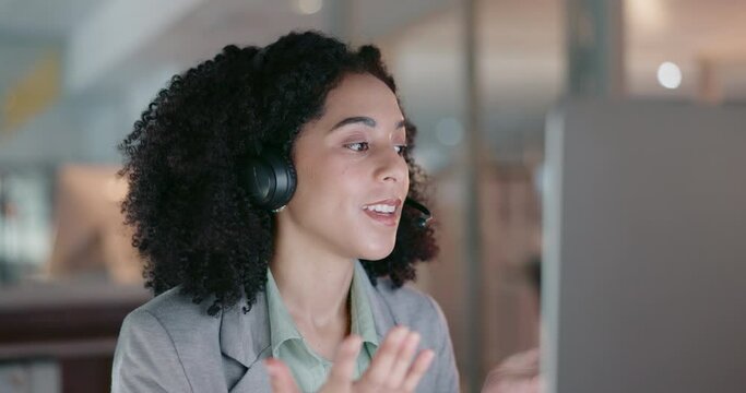 Business woman, call center and computer for consultant communication or online meeting at night. Virtual assistant, advisor or african person on desktop for video support or helping and waves hello