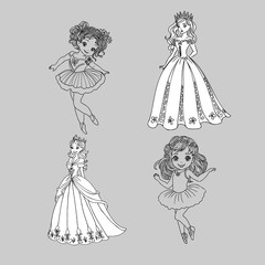 Fototapeta premium Cute princess dancing outlined and color for coloring book