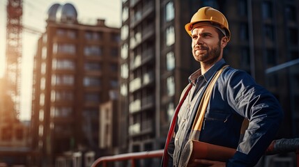 An engineer in a construction uniform on the background of a construction site in the city