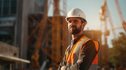 An engineer in a construction uniform on the background of a construction site in the city