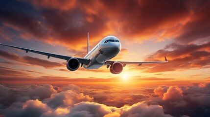 Fototapeta na wymiar Commercial airplane flying above dramatic clouds during sunset