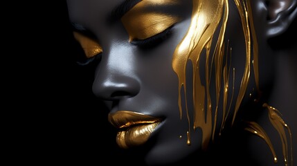 Fashion art. Beauty woman painted in black gold skin color body, gold makeup, lips, eyelids in gold...