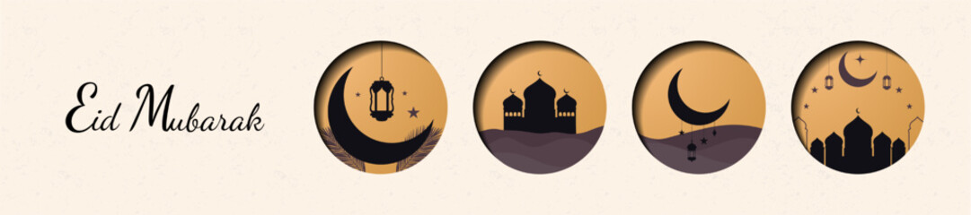 Eid Mubarak Greeting Banner with simple Ramadan Icons on sunset background. Crescent moon with lanterns, Mosque on desert dunes. Blessed Eid. Vector Illustration. EPS 10.
