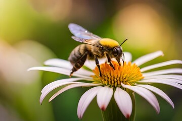 Small yellow bright summer flowers and bee on a background of blue and green foliage in a fairy garden. Macro artistic image. Banner format